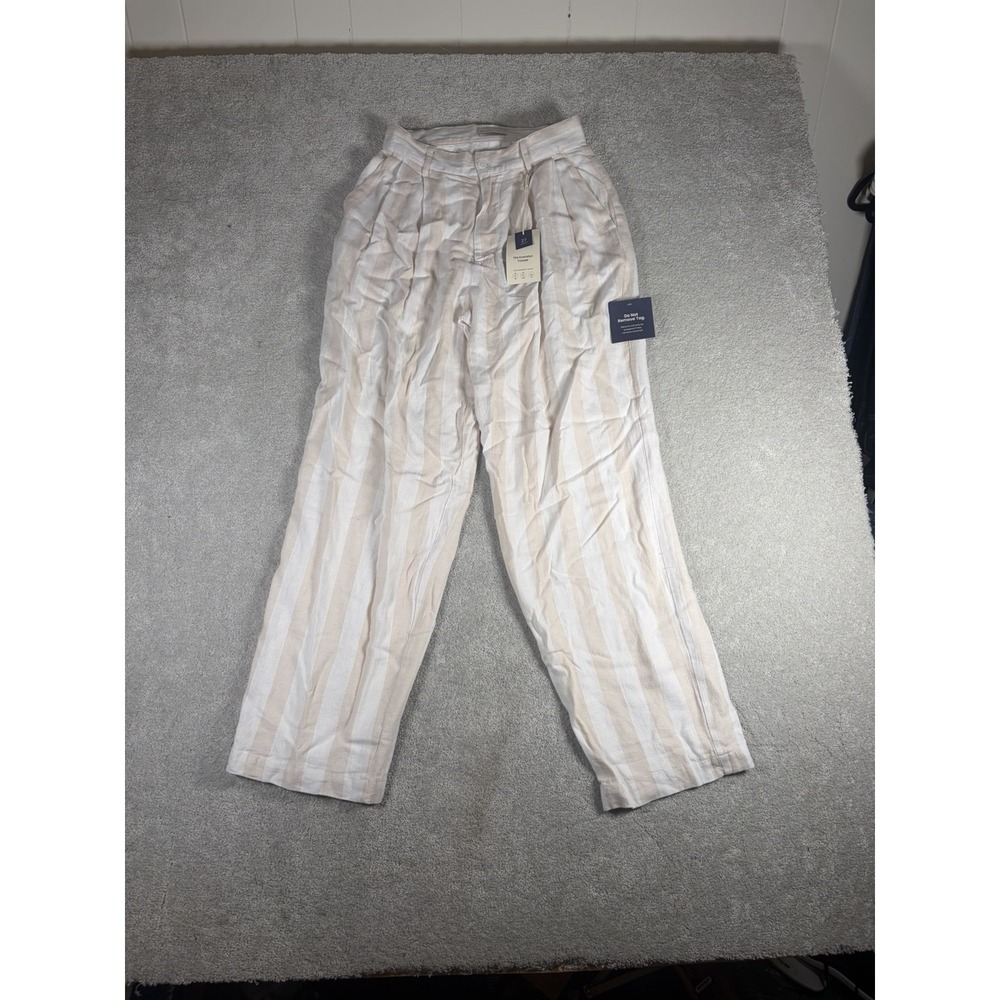 oliver logan the evanston trouser linen beige white stripe 27 NWT